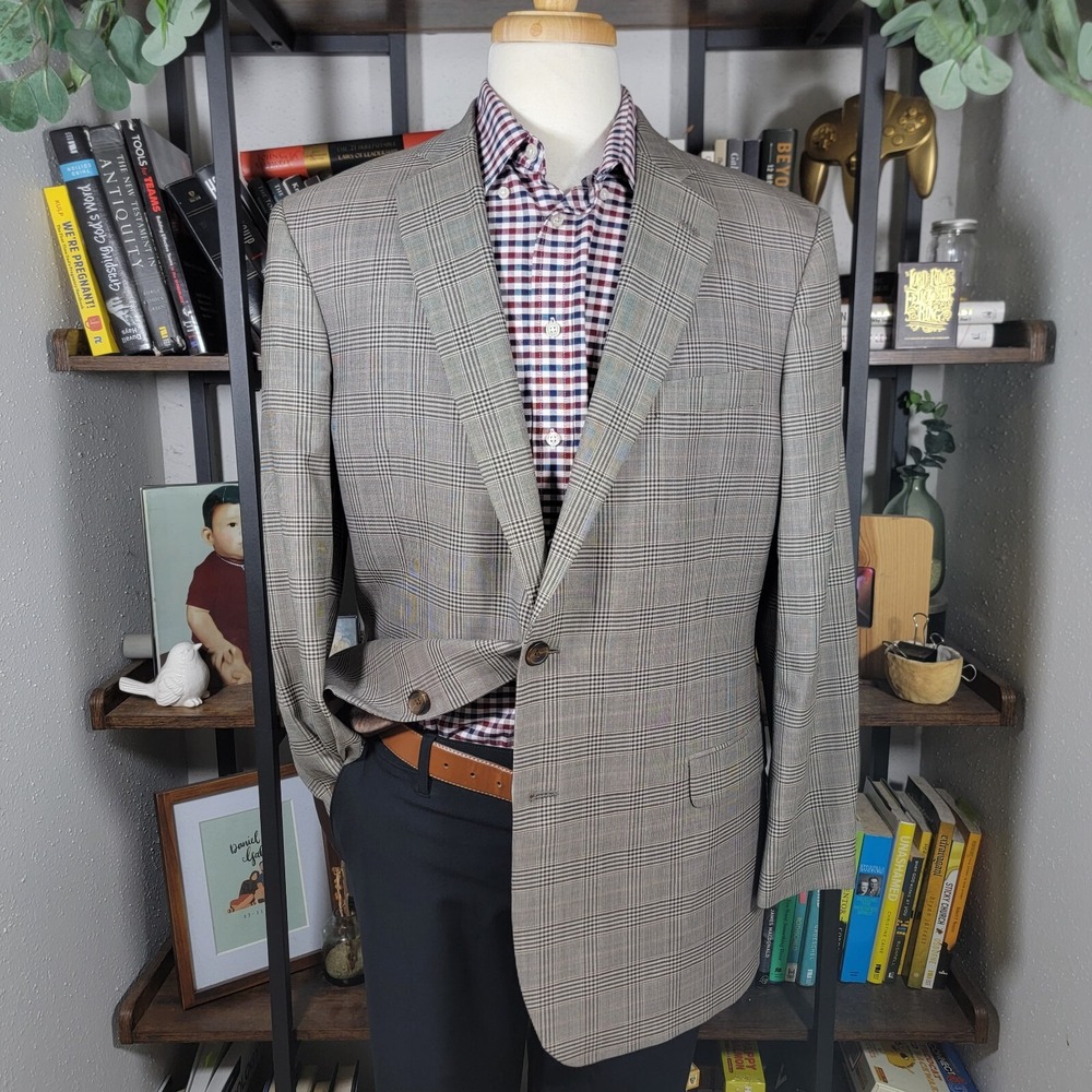 Brooks Brothers FITZGERALD Men's Sport Coat Two Button Beige Plaid Wool Size 44R